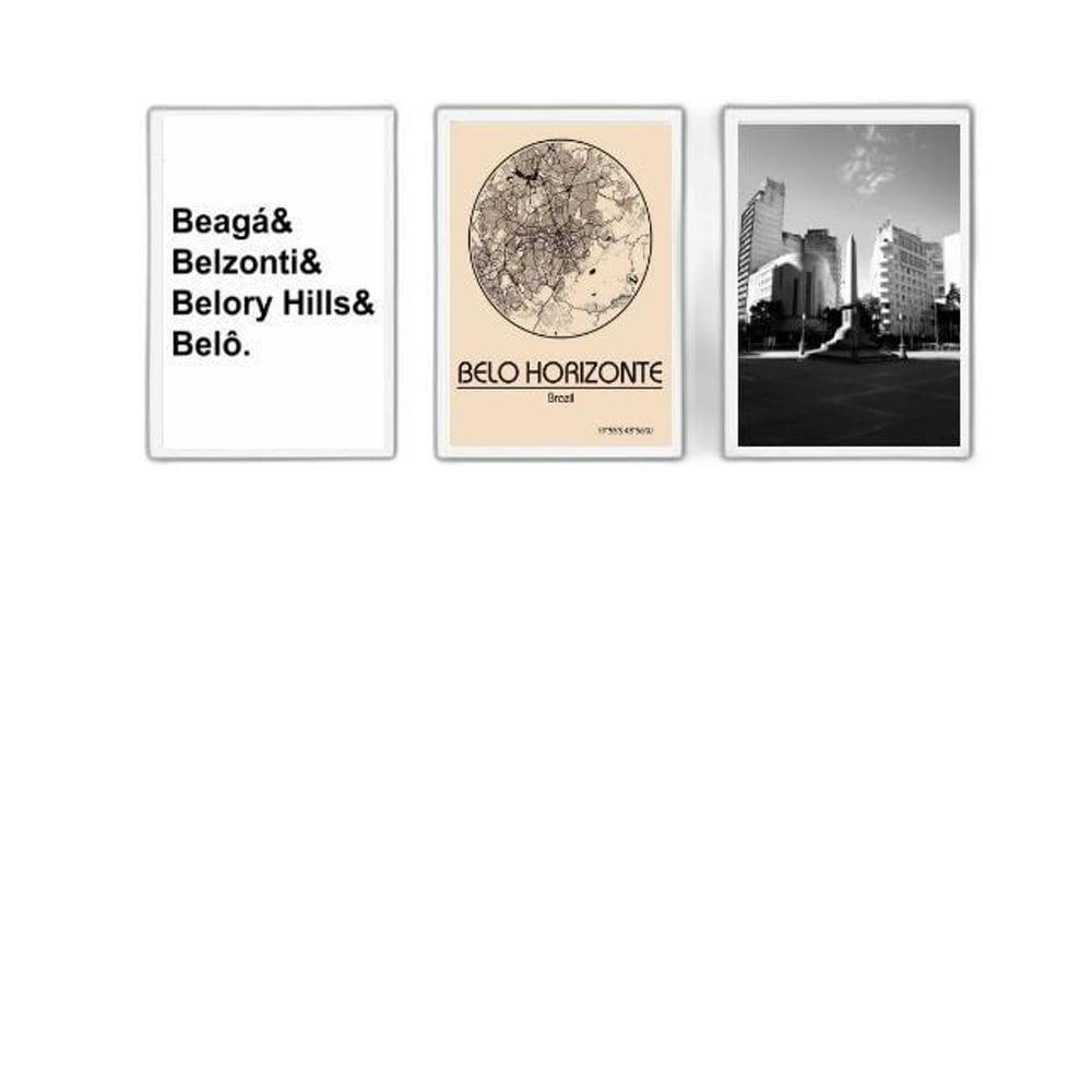Kit 3 Quadros Decorativos Belo Horizonte-Mapa Cidade 33X24Cm