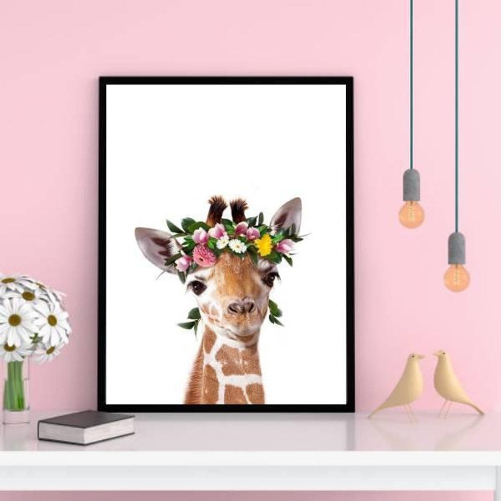 Quadro Girafinha Coroa De Flores Moldura Preta 24X18Cm
