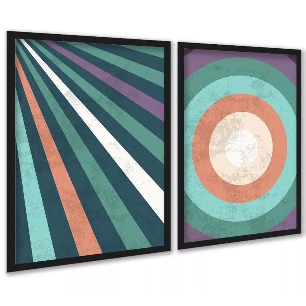 Kit 2 Quadros Abstratos Listras Coloridas Vintage 45X34Cm