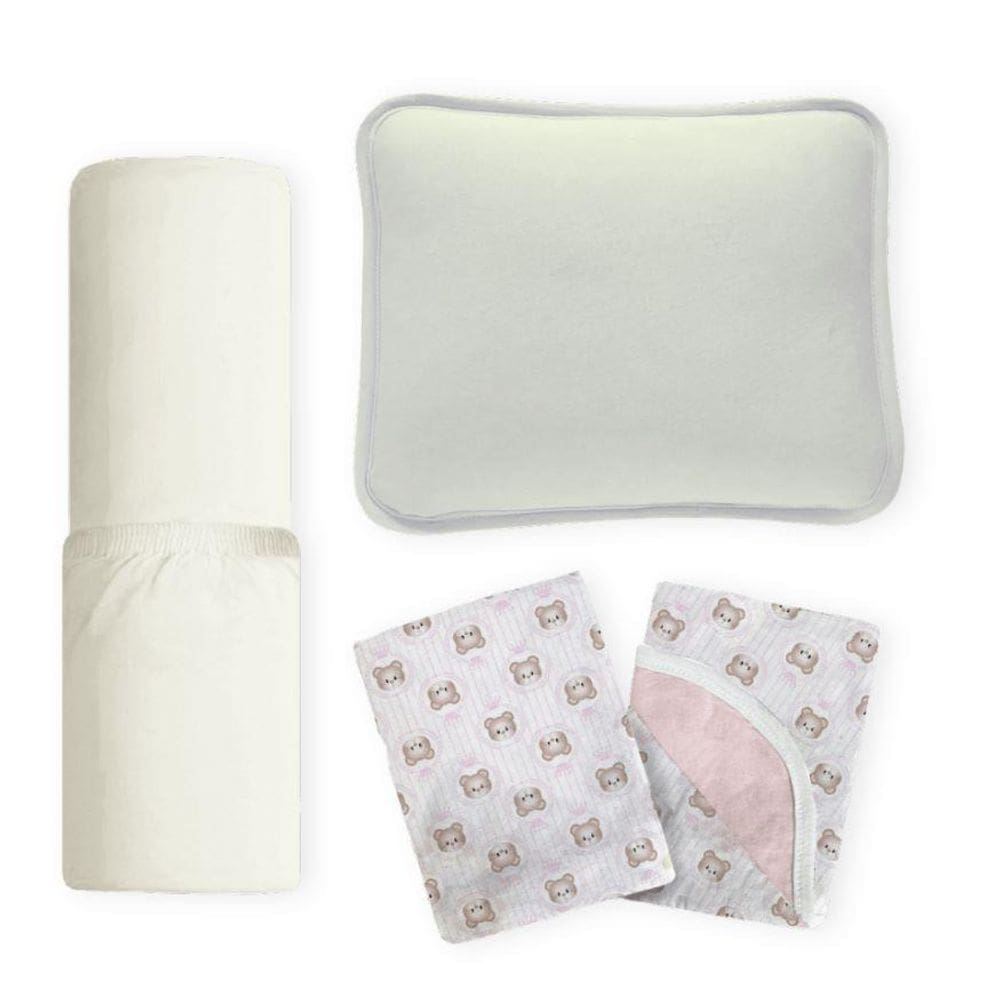 Kit Berço Branco Rosa Fronha Lisa + Lençol Liso + Manta