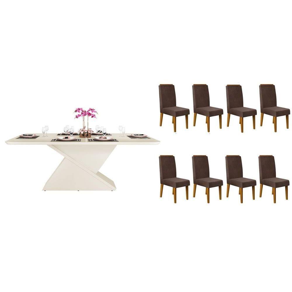 Sala de Jantar Completa Zafira c/ Tampo Madeirado c/ Vidro Curvo 200x100cm e 8 Cadeiras Lia Off White - Freijo/Suede Moca - DJ Móveis
