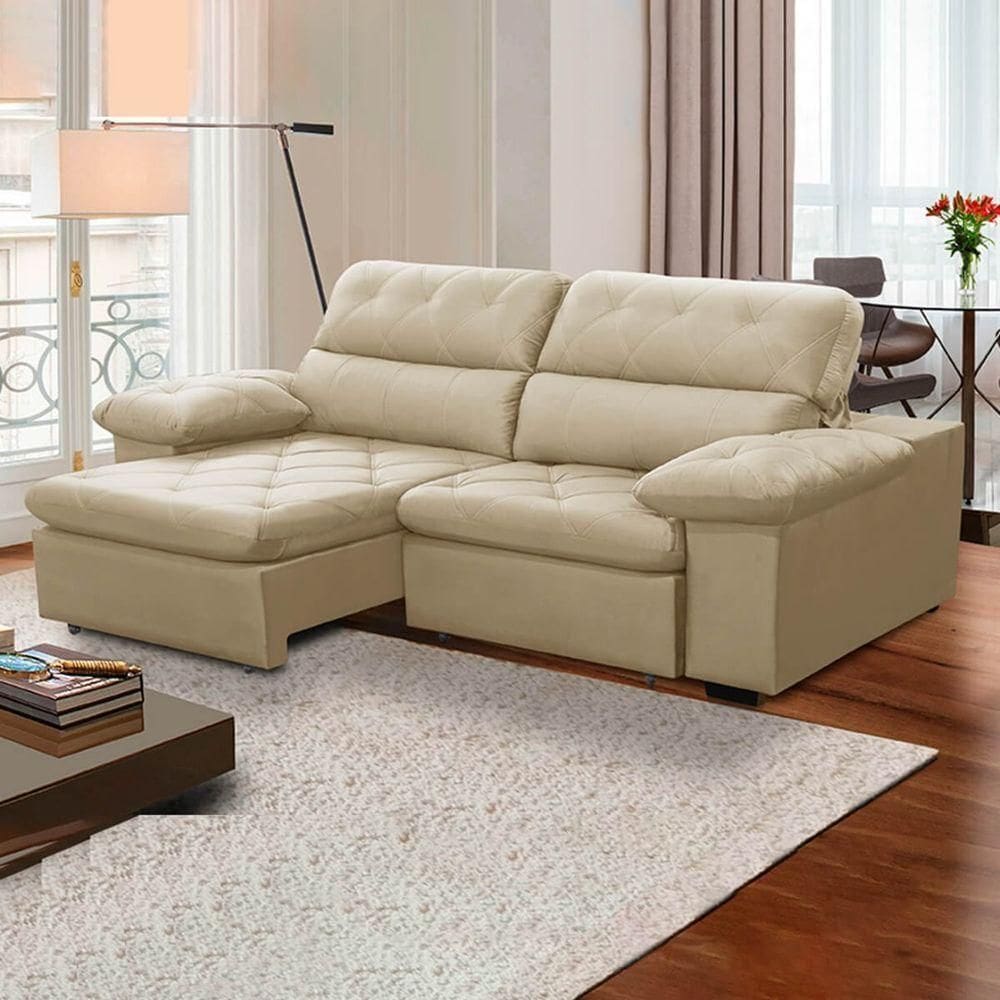 Sofa Retratil Reclinavel 2 Lugares 2,10m Crystal Veludo Bege Lansofbr