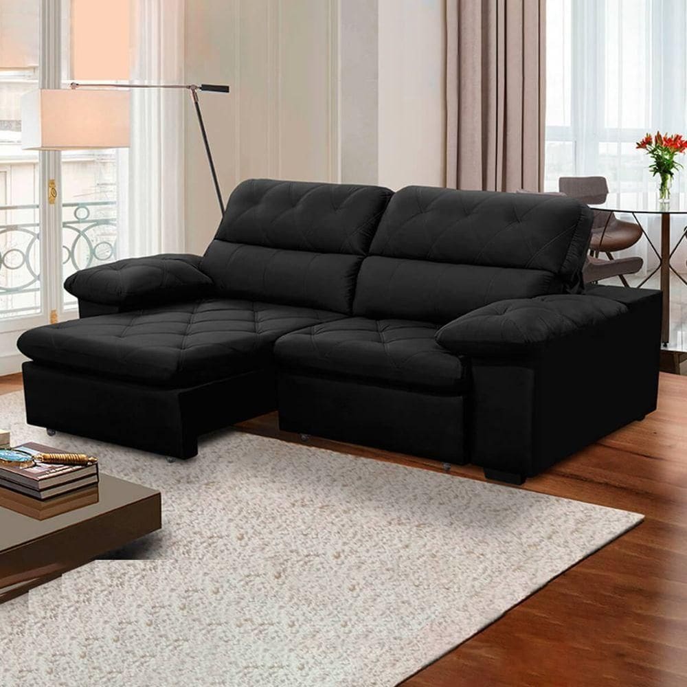 Sofa Retratil Reclinavel 2 Lugares 2,00m Crystal Veludo Preto Lansofbr