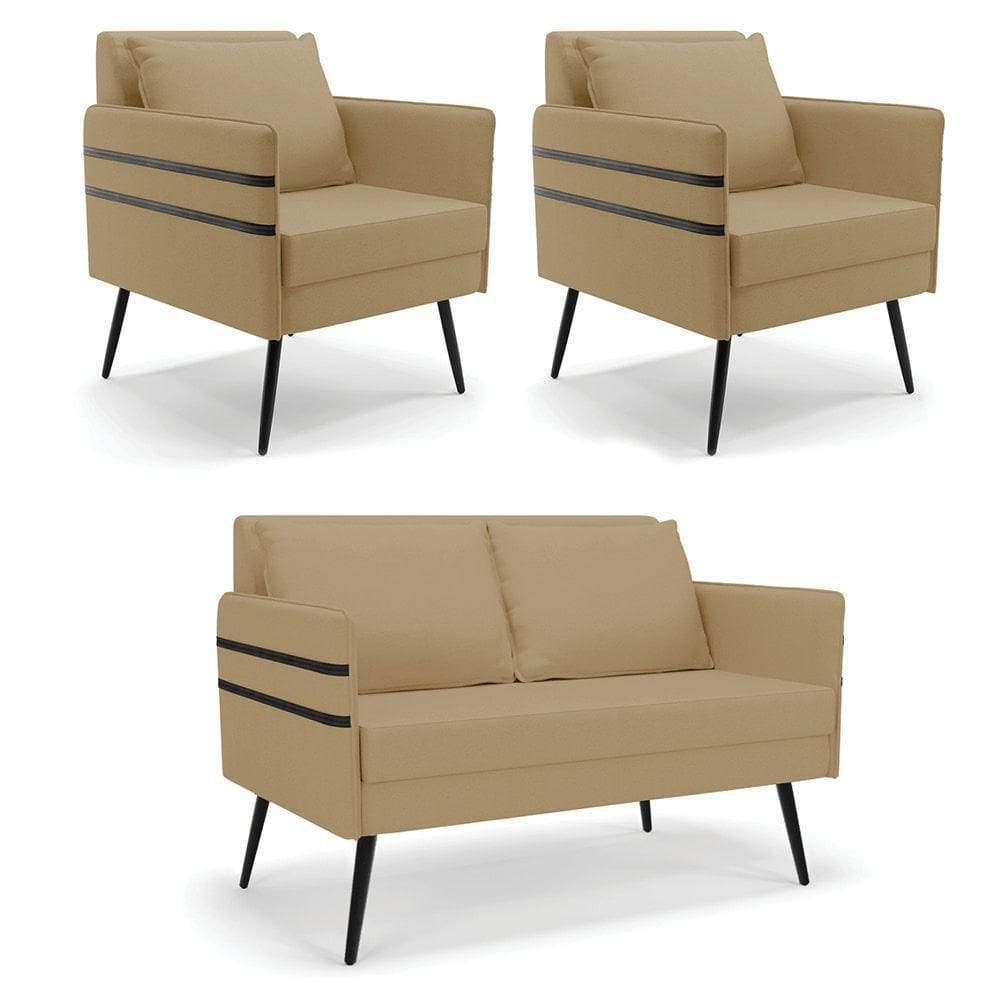 Kit 01 Namoradeira E 02 Poltronas Linho A32 Palha