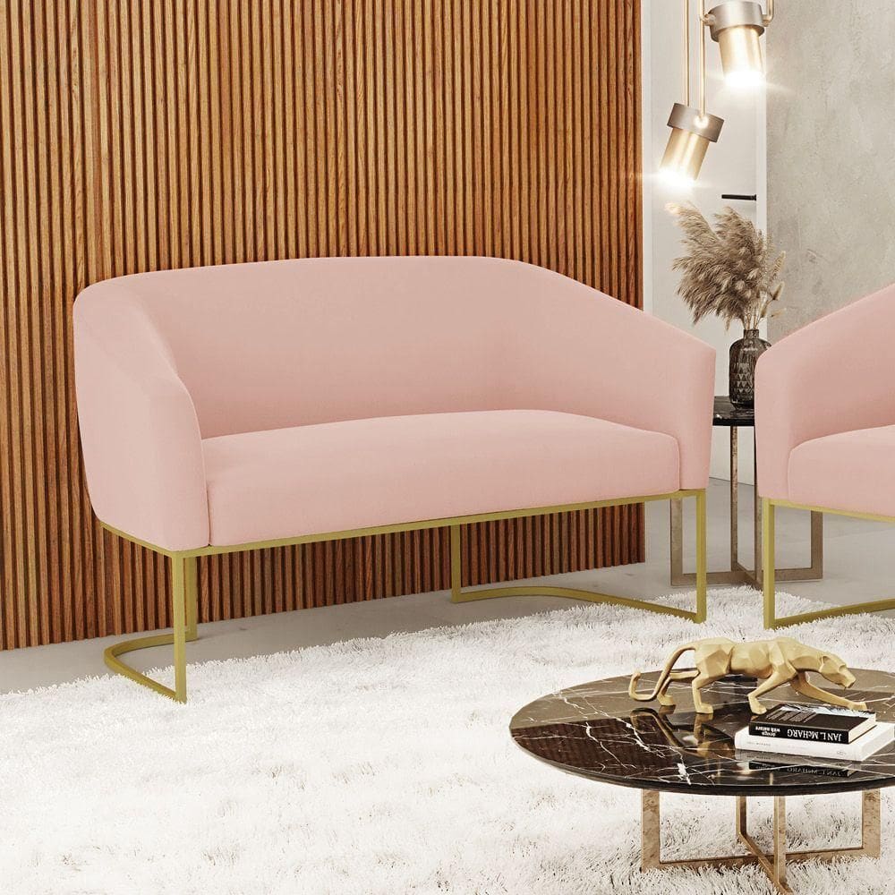 Sofá 2 Lugares Namoradeira Industrial Dourado Stella Veludo Rosê D03 - D`rossi