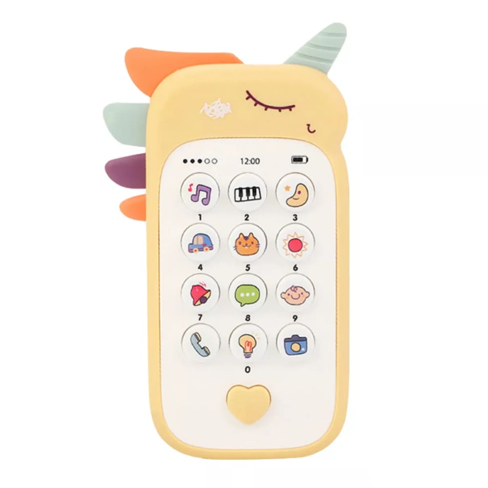 Brinquedo Baby Phone 2 Em1 Mordedor Música Unicornio Amarelo