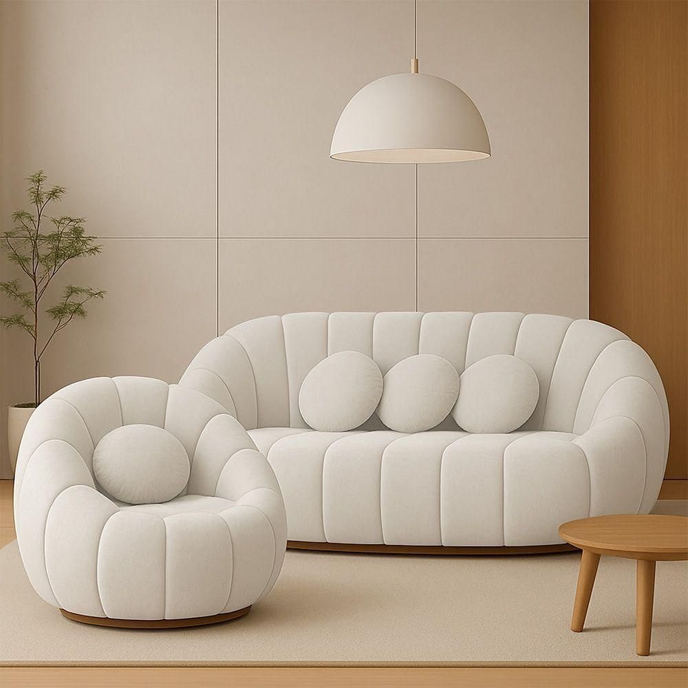 Sofá 2 Lugares Com Poltrona Giratória Orgânica Cloud Bouclê E03 - D`rossi Cor Bege