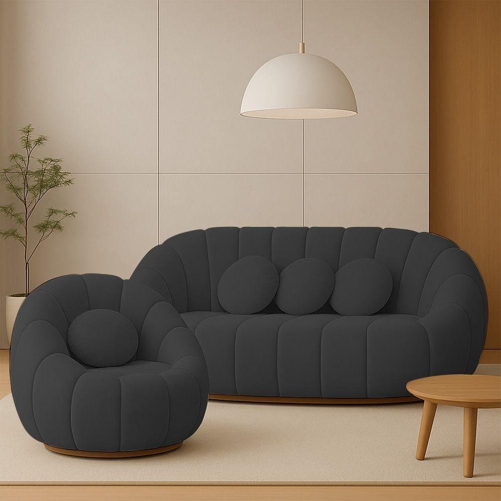 Sofá 2 Lugares Com Poltrona Giratória Orgânica Cloud Bouclê E03 - D`rossi Cor Cinza Escuro