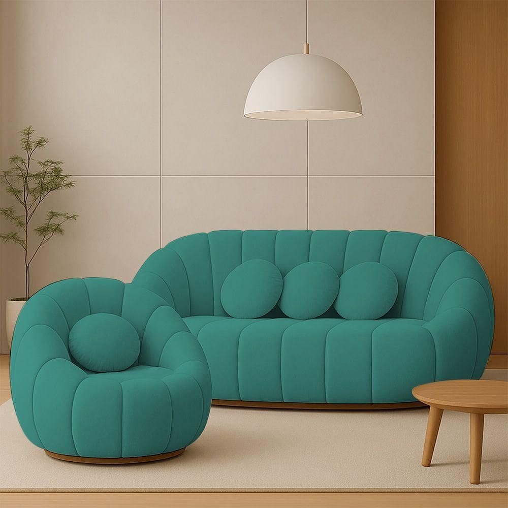 Sofá 2 Lugares Com Poltrona Giratória Orgânica Cloud Bouclê E03 - D`rossi Cor Azul Turquesa