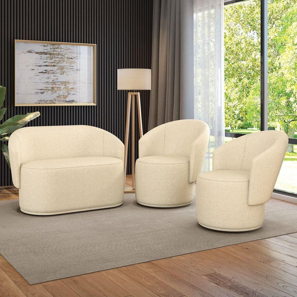 Sofá Namoradeira E 2 Poltronas Orgânica Para Sala Malu Linho M11 - D`rossi Cor Grafite