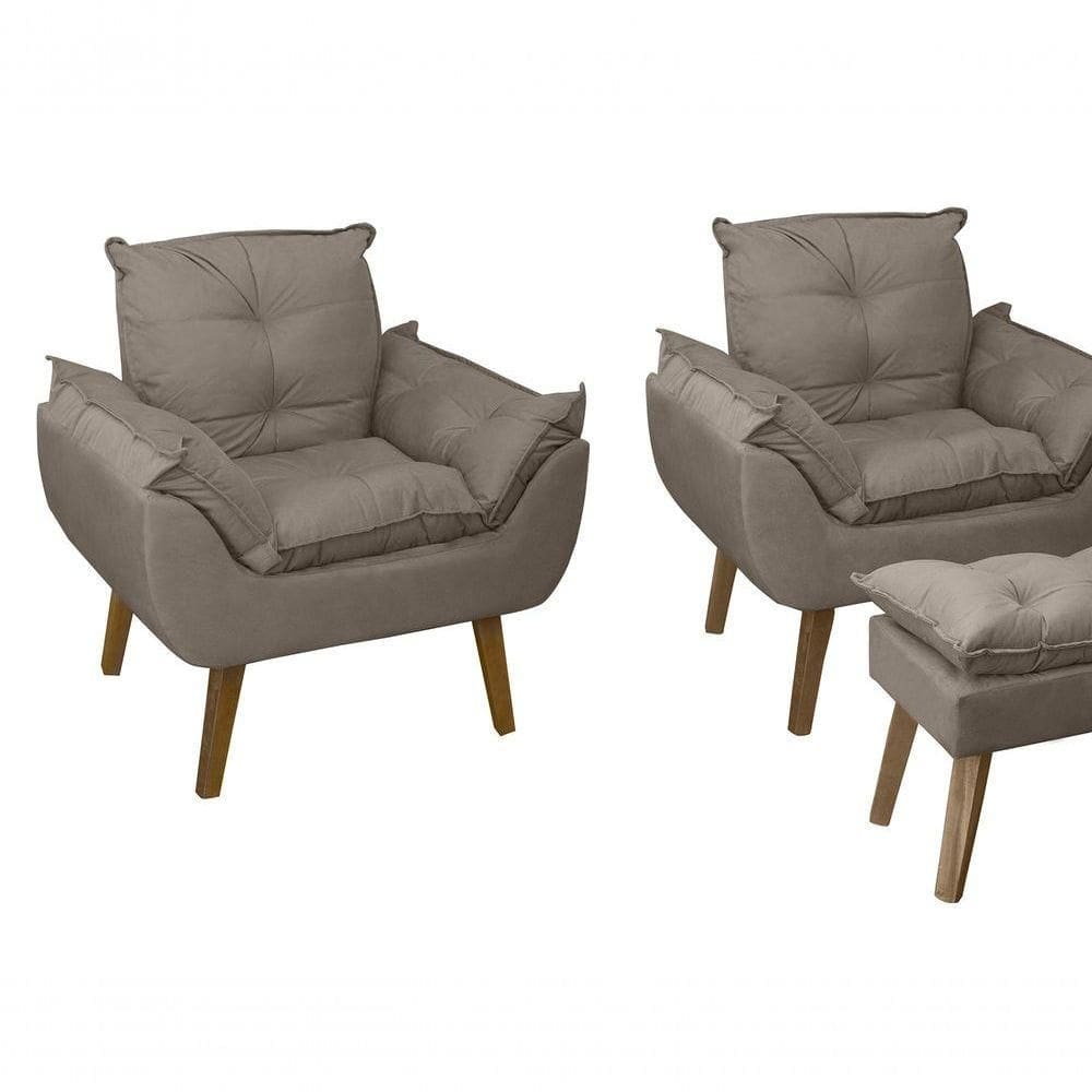 Kit 02 Poltrona/cadeira Decorativa E Puff Glamour Com Pés Quadrado Capuccino