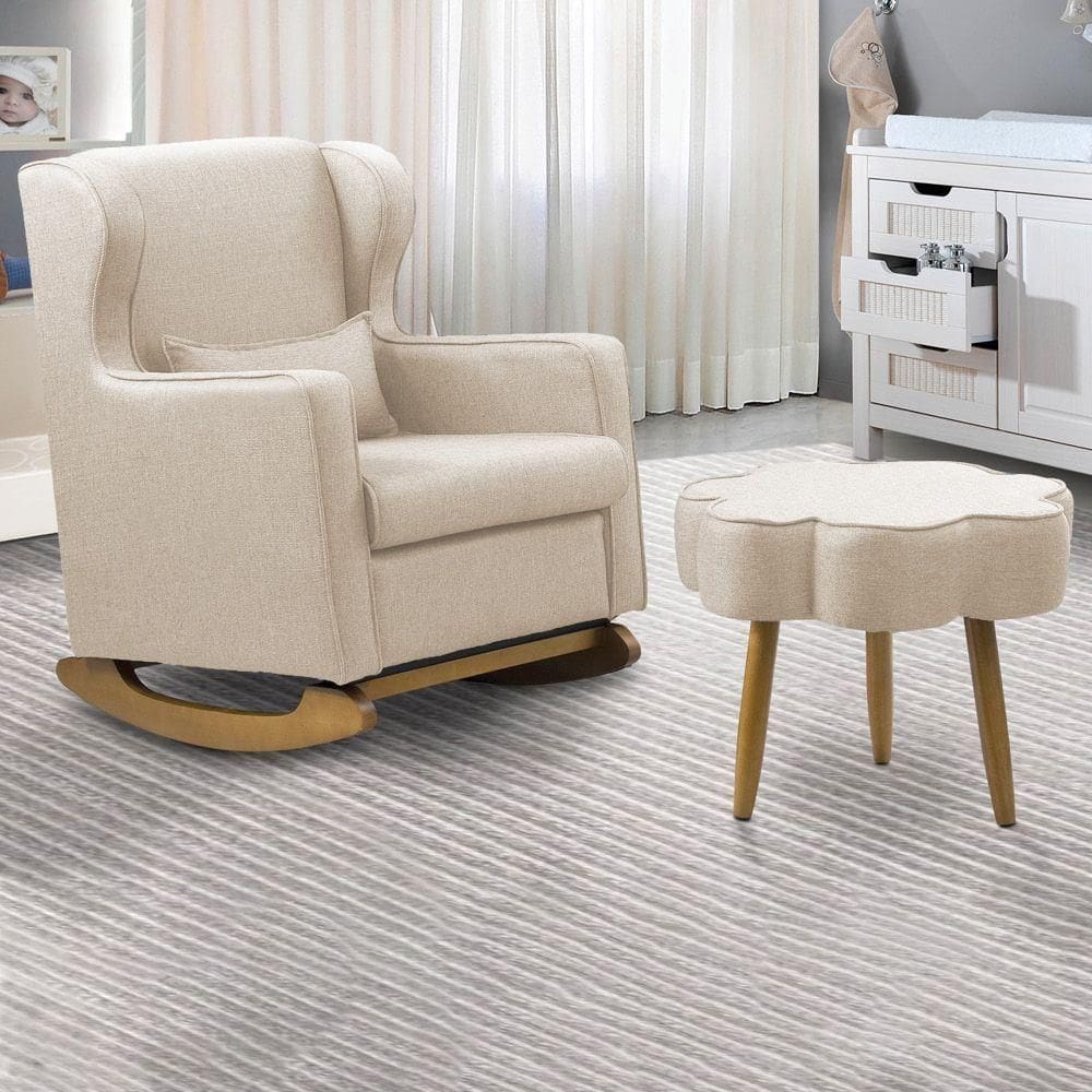 Poltrona De Amamentação Base Balanço E Puff Flower Linho Bege E03 - D`rossi