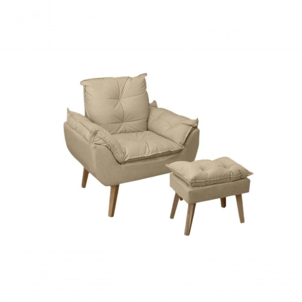 Poltrona/cadeira Decorativa E Puff Glamour Com Pés Quadrado Bege Linho