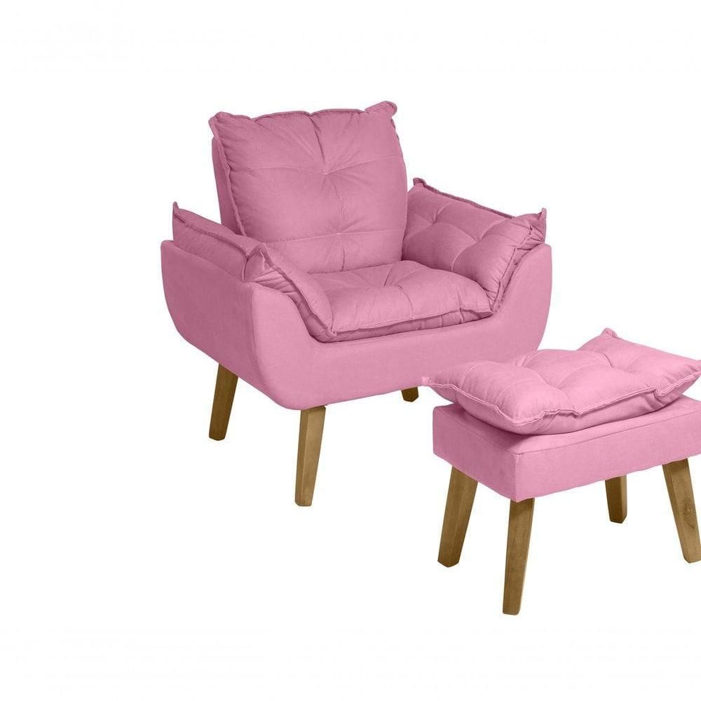 Poltrona/cadeira Decorativa E Puff Glamour Com Pés Quadrado Rosê