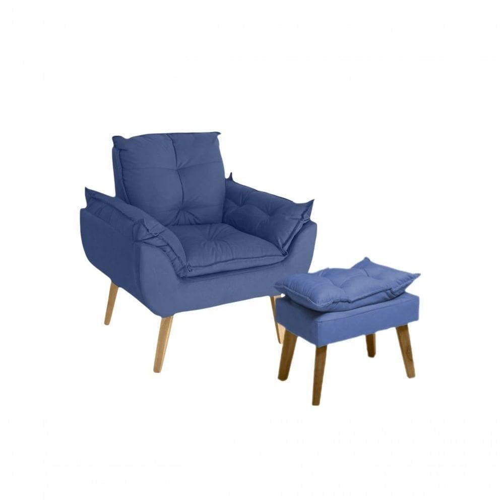 Poltrona/cadeira Decorativa E Puff Glamour Com Pés Quadrado Azul Marinho