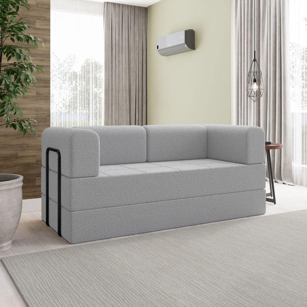 Sofá Na Caixa Modular 2 Lugares Linho Bege Para Sala Cinza