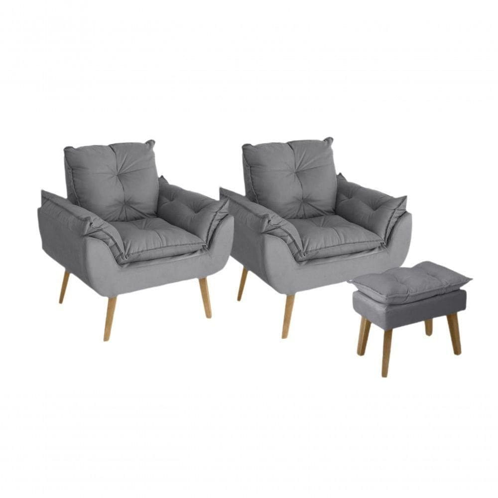 Kit 02 Poltrona/cadeira Decorativa E Puff Glamour Com Pés Quadrado Cinza