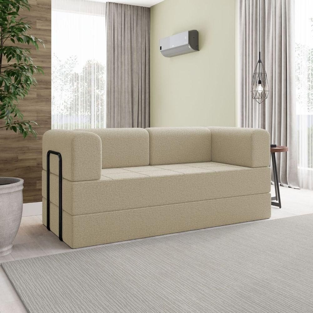 Sofá Na Caixa Modular 2 Lugares Linho Bege Para Sala Bege