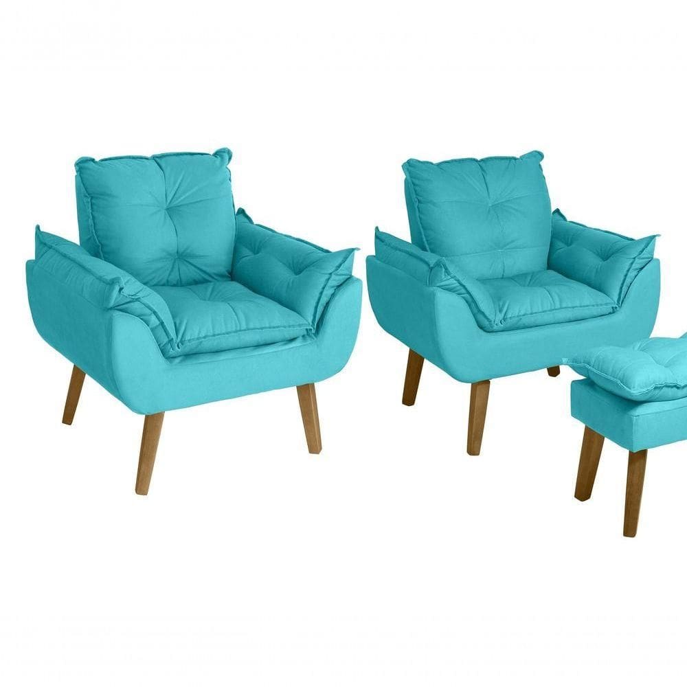 Kit 02 Poltrona/cadeira Decorativa E Puff Glamour Com Pés Quadrado Azul Turquesa