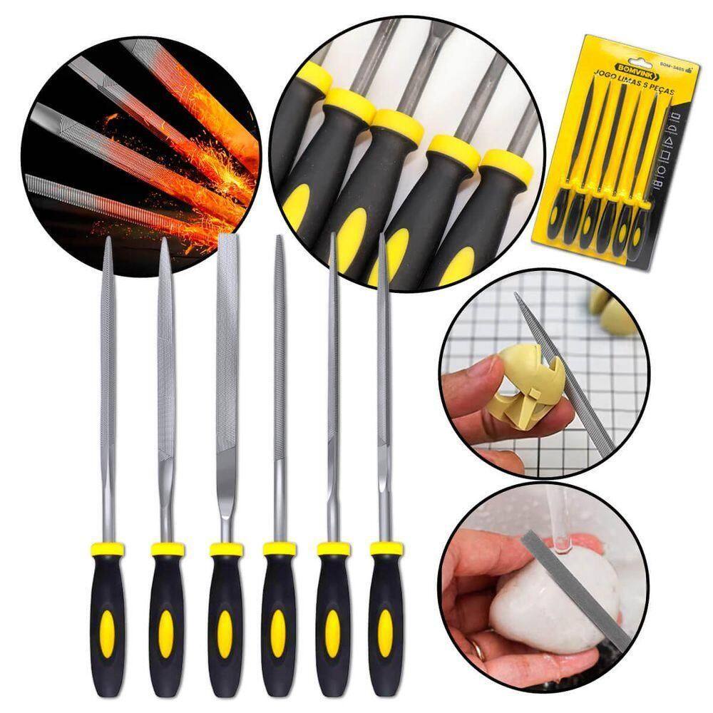 Kit 6 Limas Aço Forjado Cabo Emborrachado Alta Precisão Resistência Uso Madeira Metal Plástico
