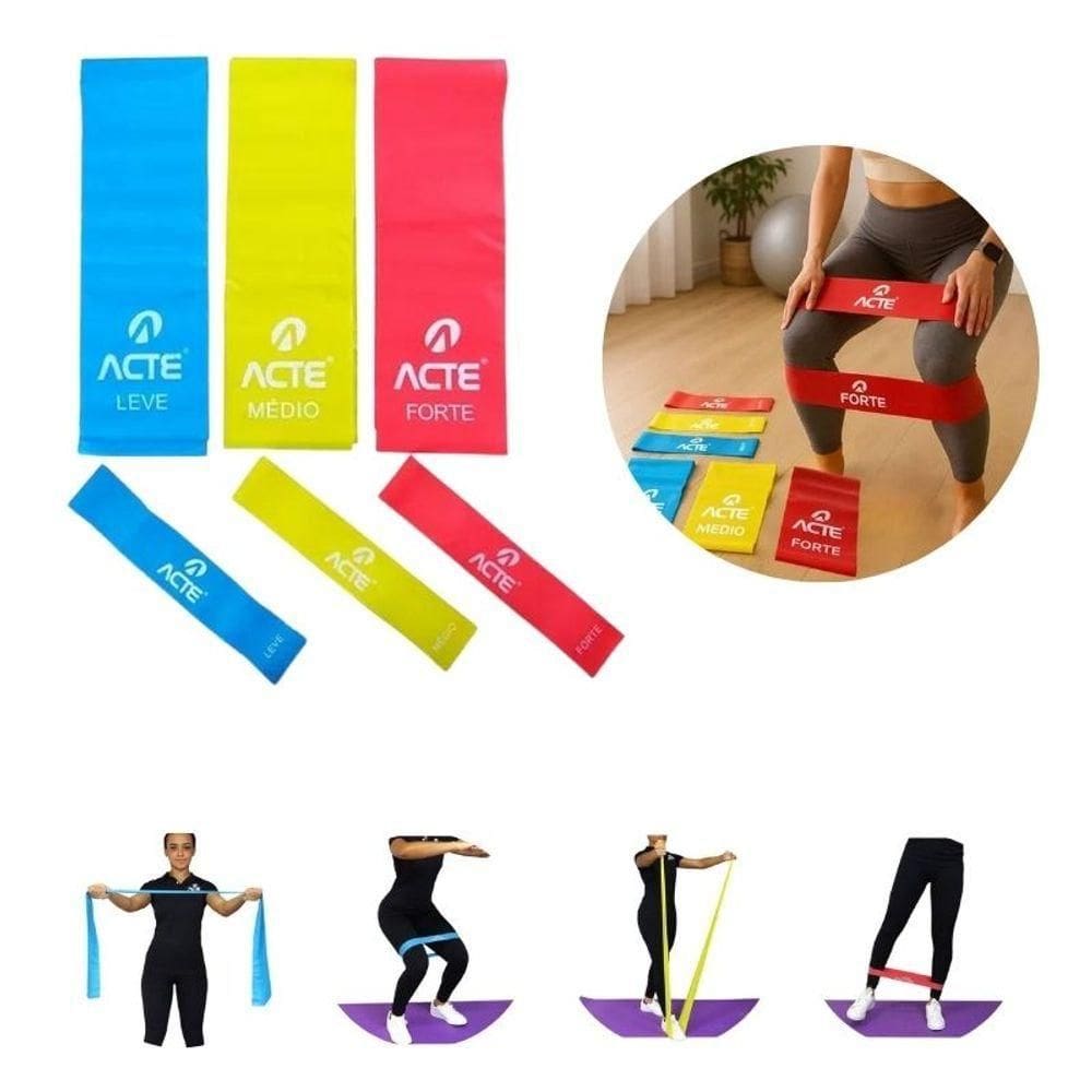 Kit Com 3 Mini Band + 3 Faixas Elásticas Leve Médio E Forte