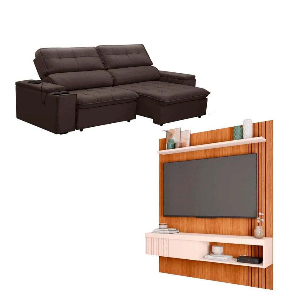 Kit Sofa Ferguile Genebra 3 Lugares Retratil com USB e Painel TV 55 Esmeralda Caemmun
