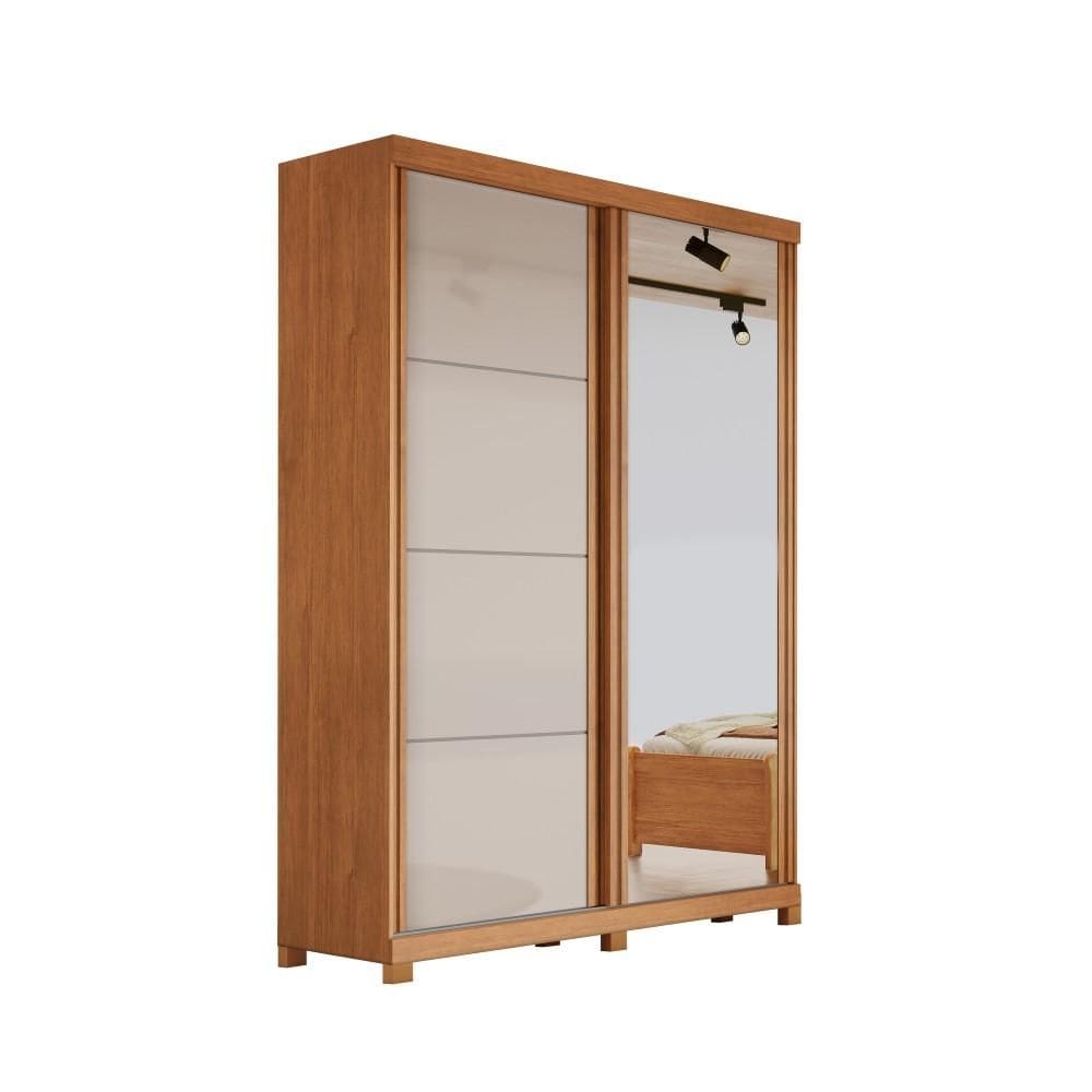 Guarda-Roupa Solteiro 2 Portas de Correr com Espelho Buzios em MDF com Pés 160cm Naturalle/Off White - Bianchi Móveis