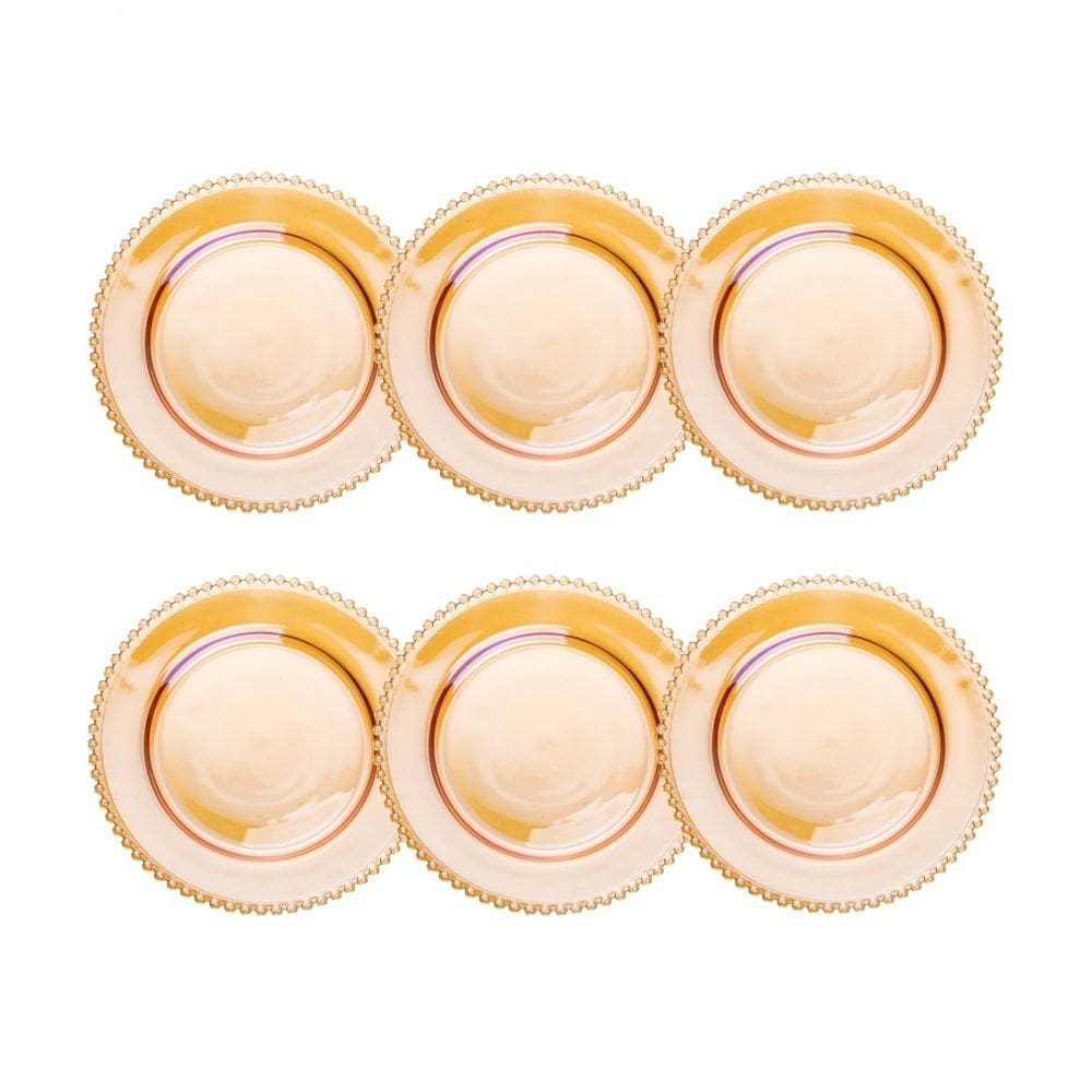 Cj 6 Pratos Rasos de Cristal Pearl Bolinha Âmbar 28cm Wolff