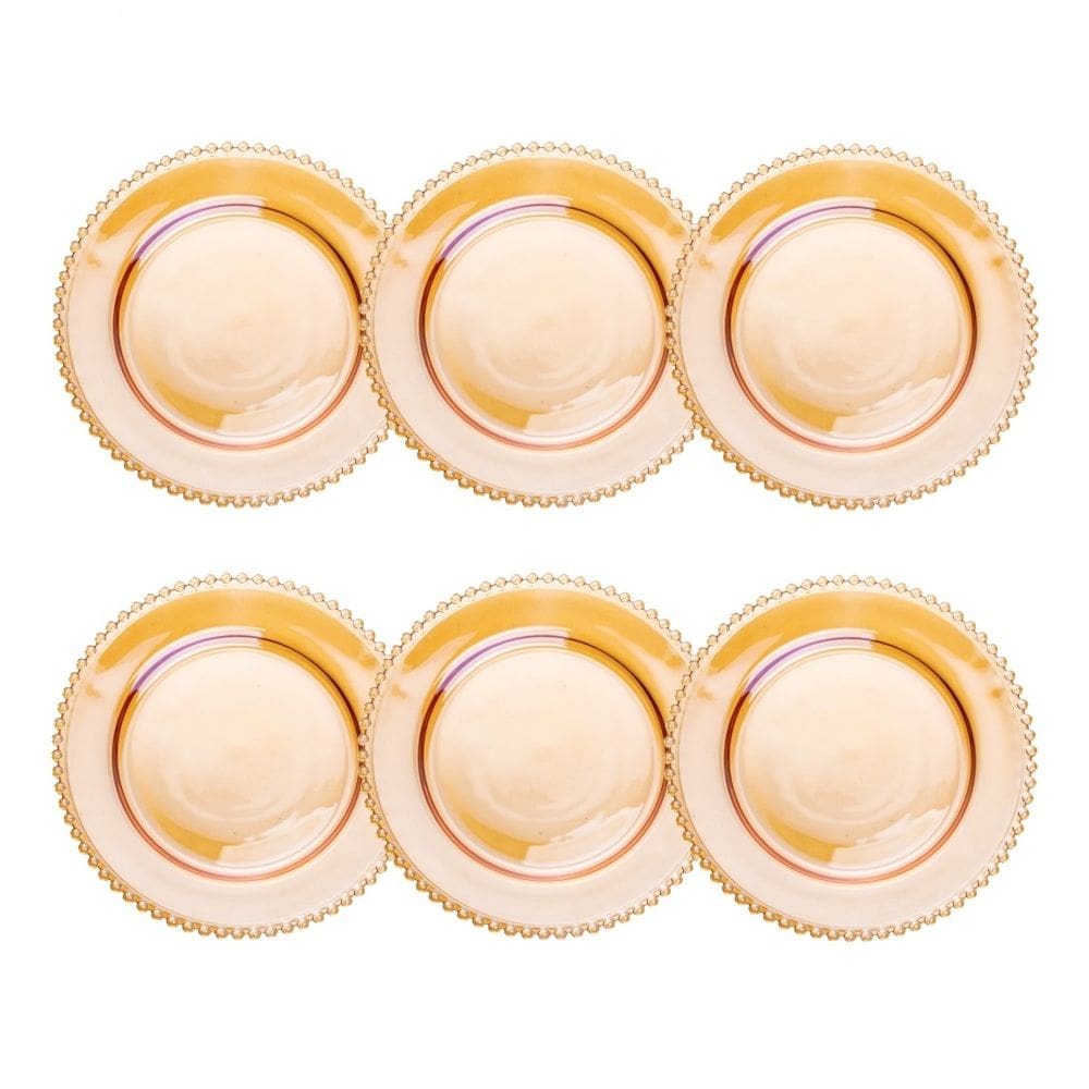 Cj 6 Sousplats de Cristal Pearl Bolinha Âmbar 32cm Wolff