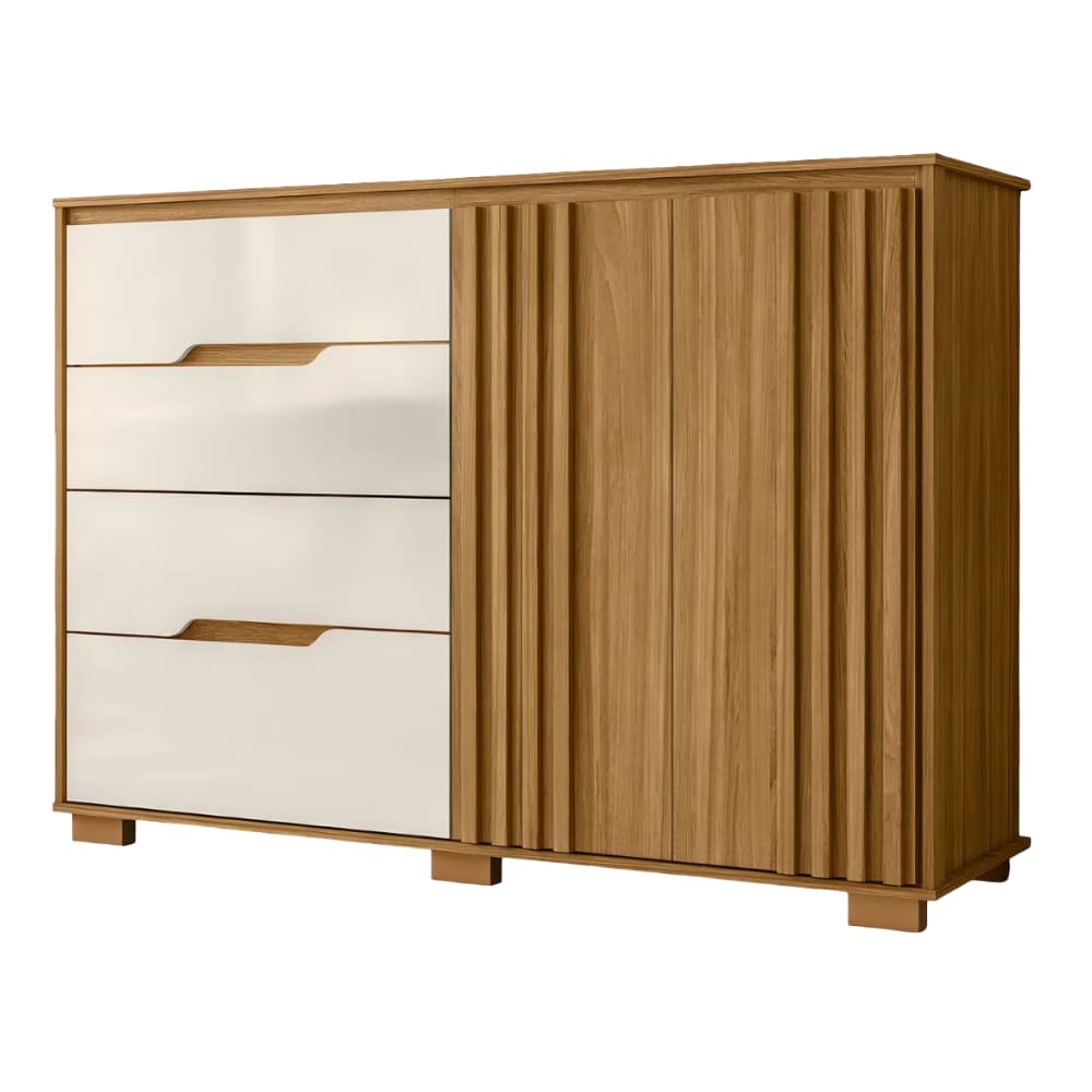 Cômoda 4 Gavetas 2 Portas Com Ripado Texas Freijó/Off White Moval