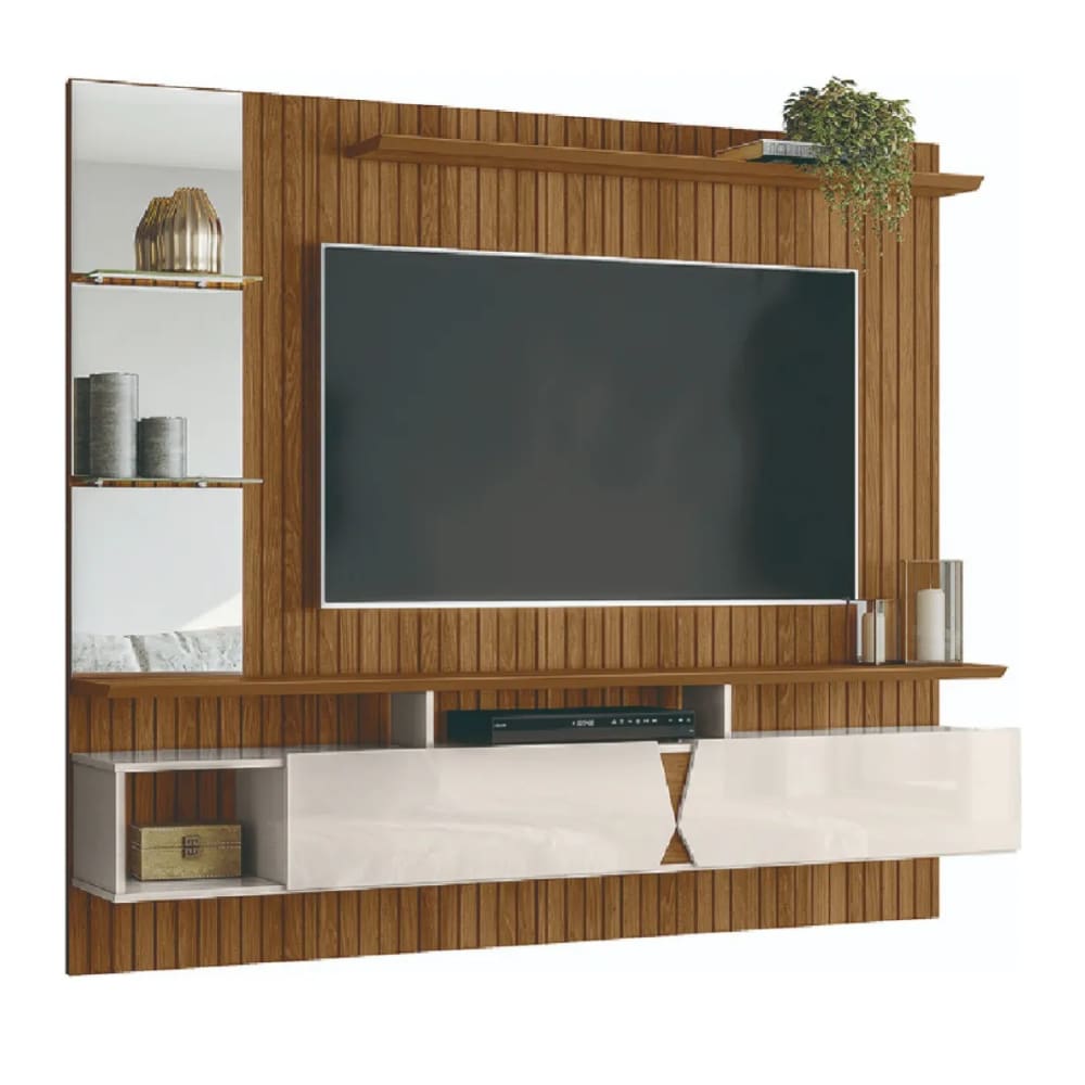 Painel para TV até 55 Polegadas com Espelho 1,83m Intense Ripado Impressão 3D Freijó/Off White Perol