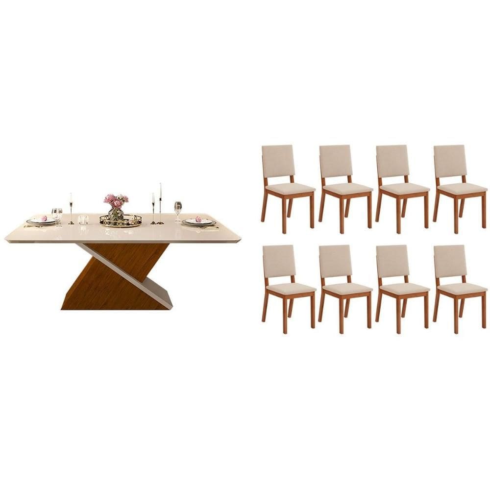 Sala de Jantar Completa Zafira c/ Tampo Madeirado c/ Vidro Curvo 200x100cm e 8 Cadeiras Talia Freijo/Off White - Suede Creme - DJ Móveis