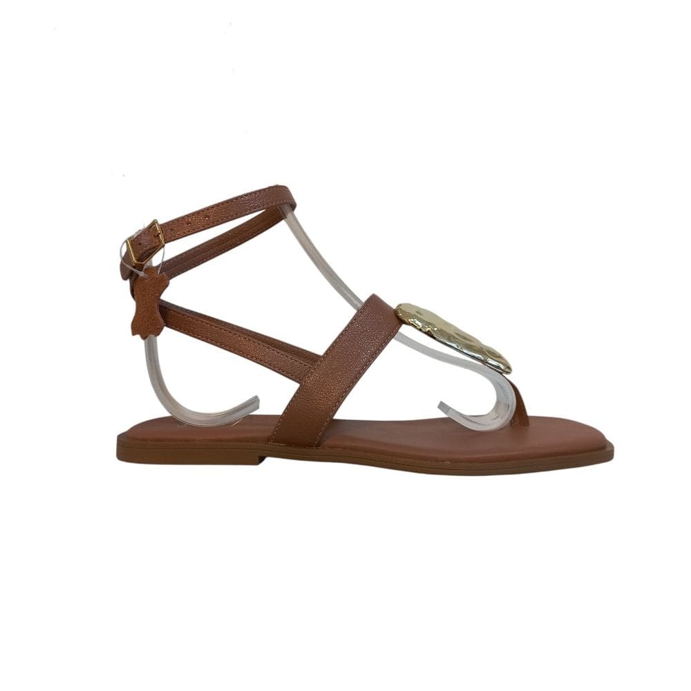 Sandália Feminina Rasteira Dedo Couro Marrom Tiras Fivela