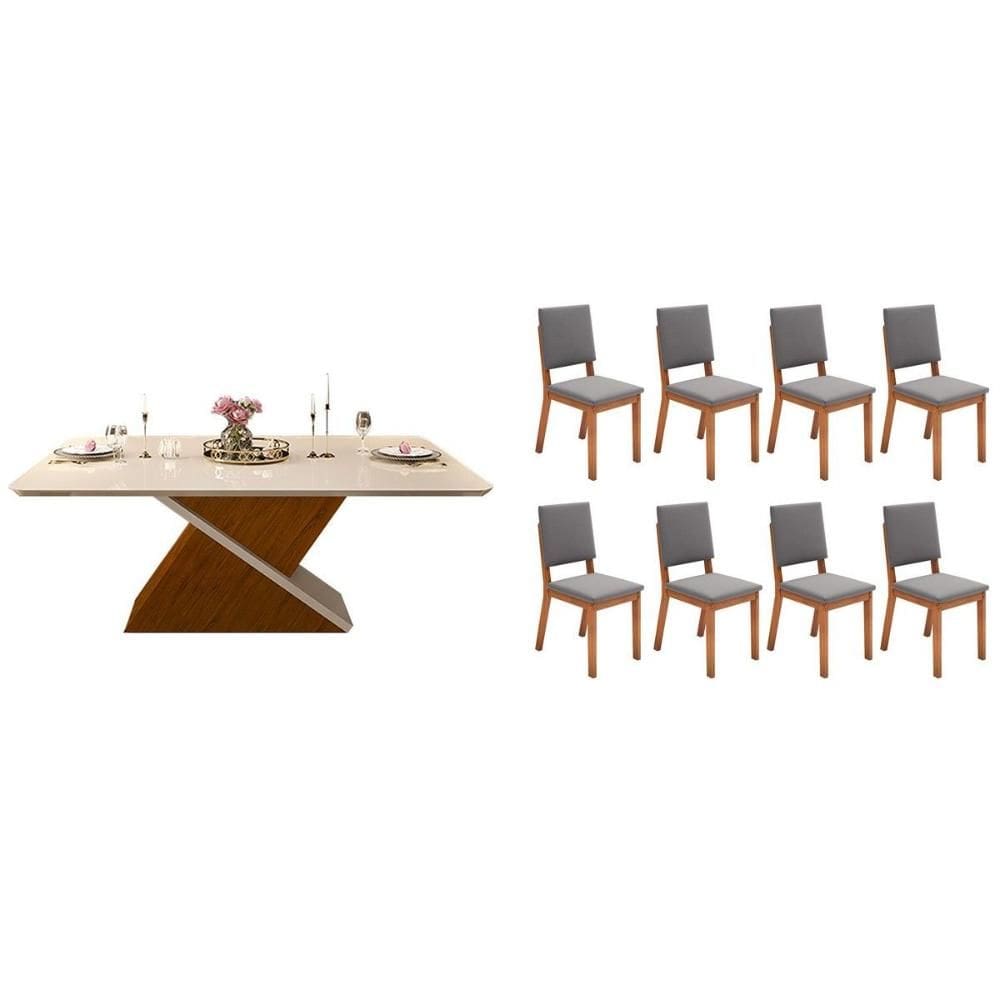 Sala de Jantar Completa Zafira c/ Tampo Madeirado c/ Vidro Curvo 200x100cm e 8 Cadeiras Talia Freijo/Off White - Suede Lunar - DJ Móveis