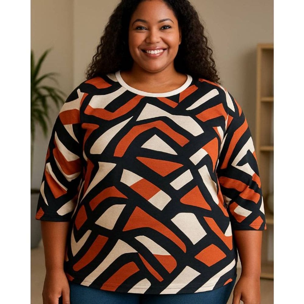 Blusa Feminina Manga 3/4 Estampada Plus Size Laiza