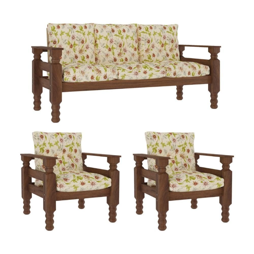 Jogo Sofá Madeira Maciça 3 Lugares e 2 Poltronas Liz Multimóveis CR7001 Floral Maracujá