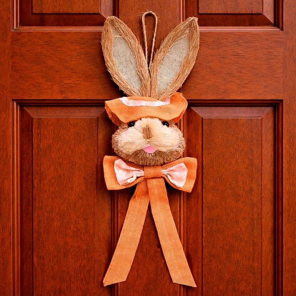 Pendente Cabeça Coelho Com Laço Decoração Páscoa Palha 65cm Laranja