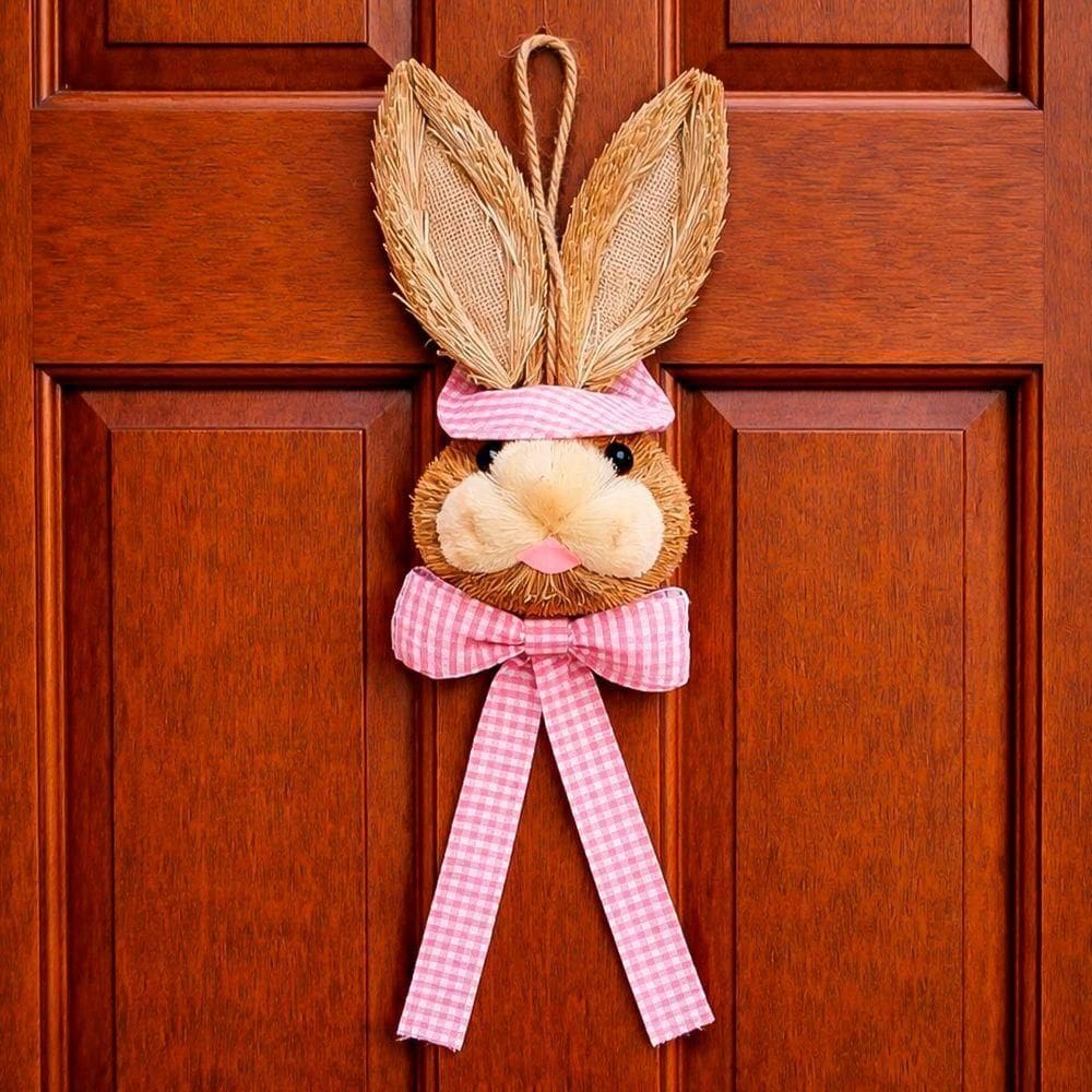 Pendente Cabeça Coelho Com Laço Decoração Páscoa Palha 40cm Rosa