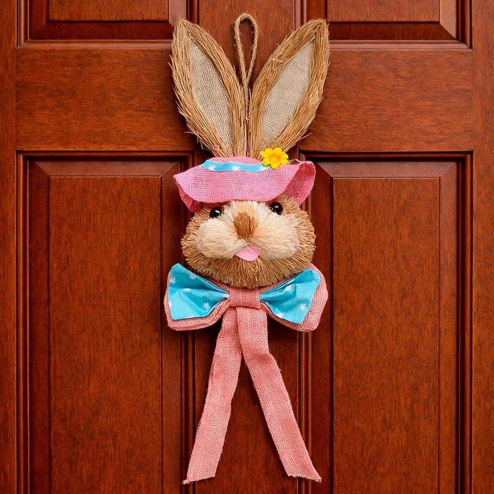 Pendente Cabeça Coelho Com Laço Decoração Páscoa Palha 65cm Rosa