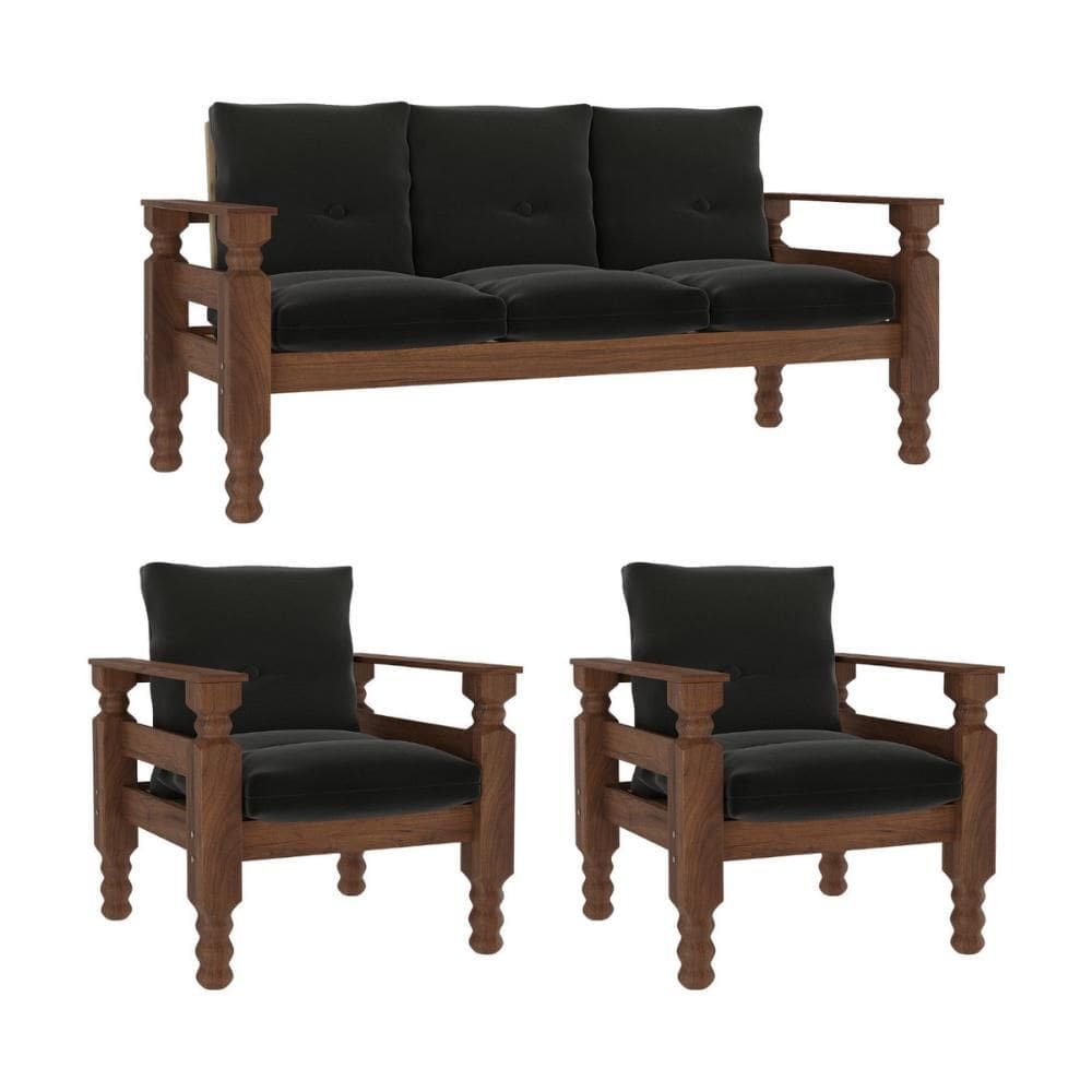 Jogo Sofá Madeira Maciça 3 Lugares e 2 Poltronas Liz Multimóveis CR7001 Grafite