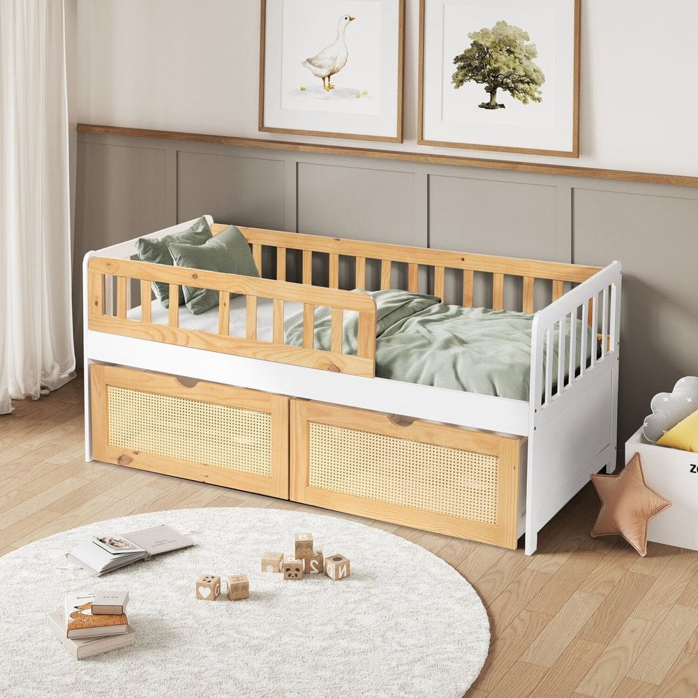 Cama Solteiro Infantil com Dois Gavetões Madeira Maciça Lumi Branco/Carvalho
