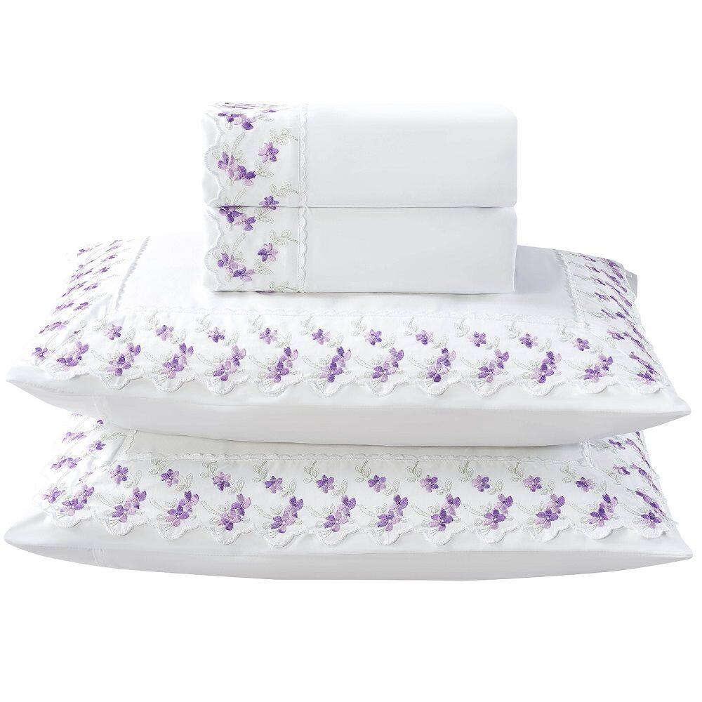 Jogo Lençol Casal Flores Bordado 4pç 100% Poliéster - M_lil