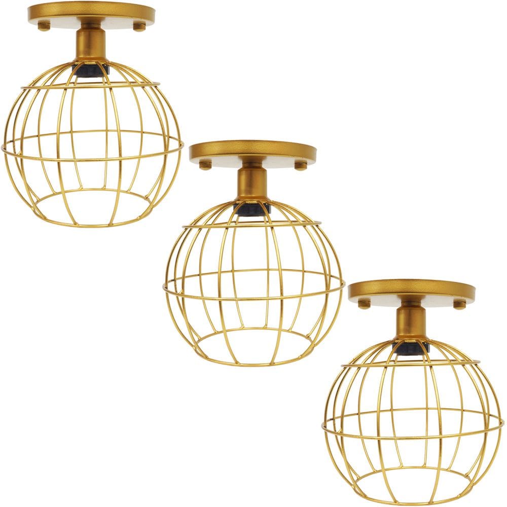 3 Lustres Teto Plafon Industrial Aramado Globo Retrô Luminária Sobrepor Vintage Dourado Agp Ilumini