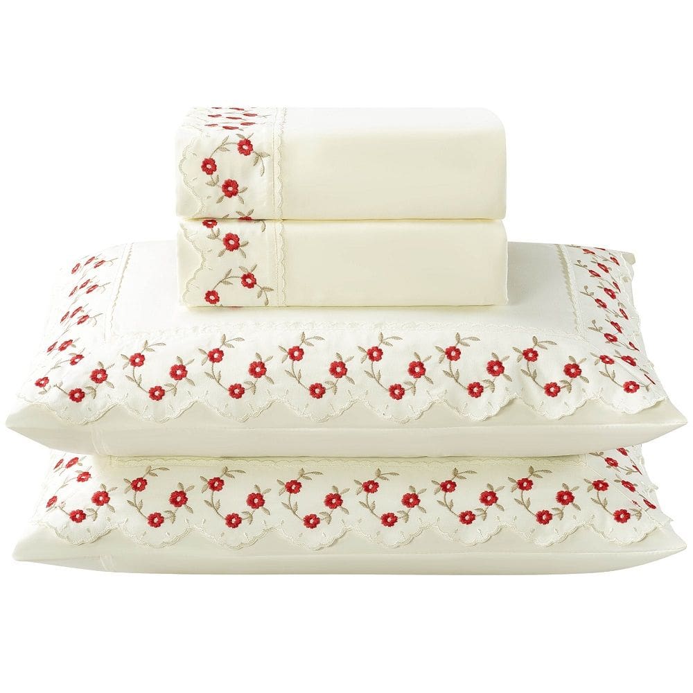 Jogo Lençol King Flores Bordado 4pç 100% Poliéster - M_Verm