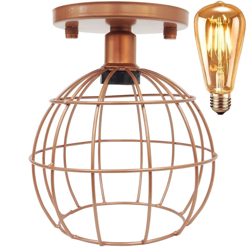 Lustre Teto Plafon + Lâmpada Led St64 Industrial Aramado Globo Retrô Vintage Cobre Rose Gold