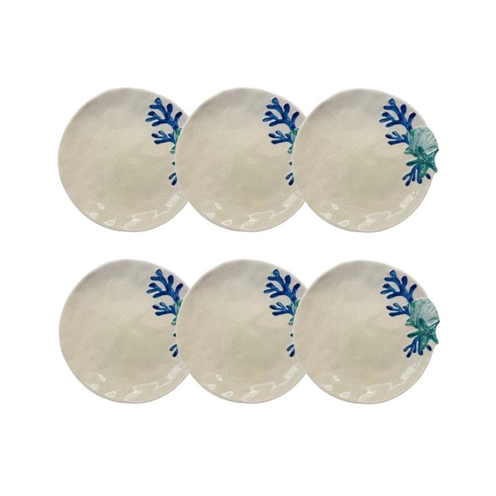 Cj 6 Pratos P/Sobremesa de Melamina Bege C/Desenho Marinho Concha do Mar Azul 23,5cm Entrecasa