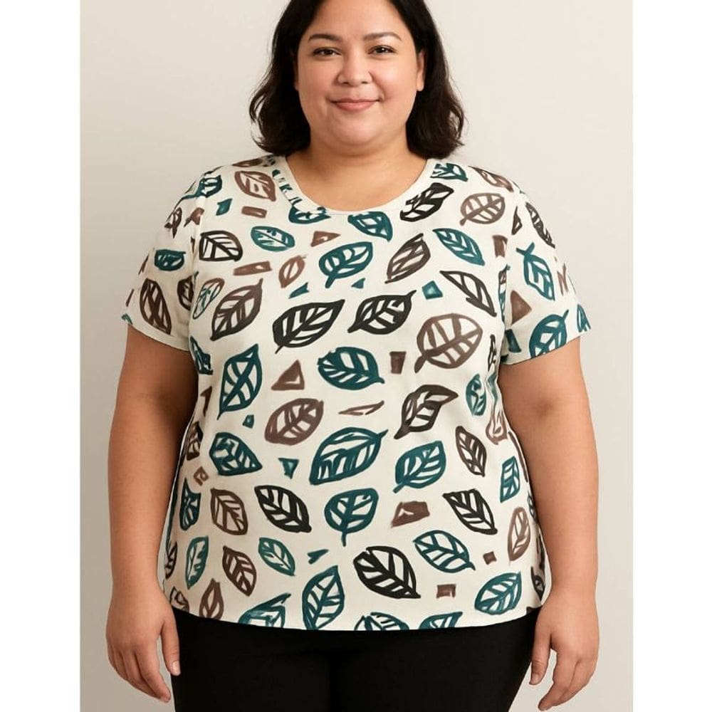 Blusa Feminina Malha Folhas Biografia Plus Size