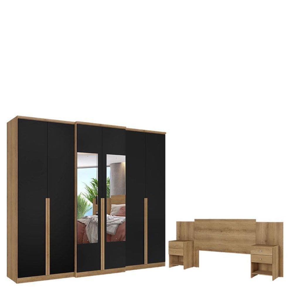 Guarda Roupa Casal Valência 6 Portas Glass Capuccino Preto Acetinado eCabeceira Formosa Capuccino - THB