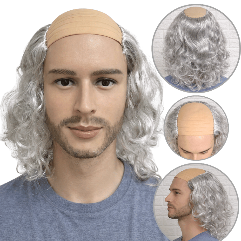 Peruca com careca do vovô idoso cacheada grisalho cinza 35cm