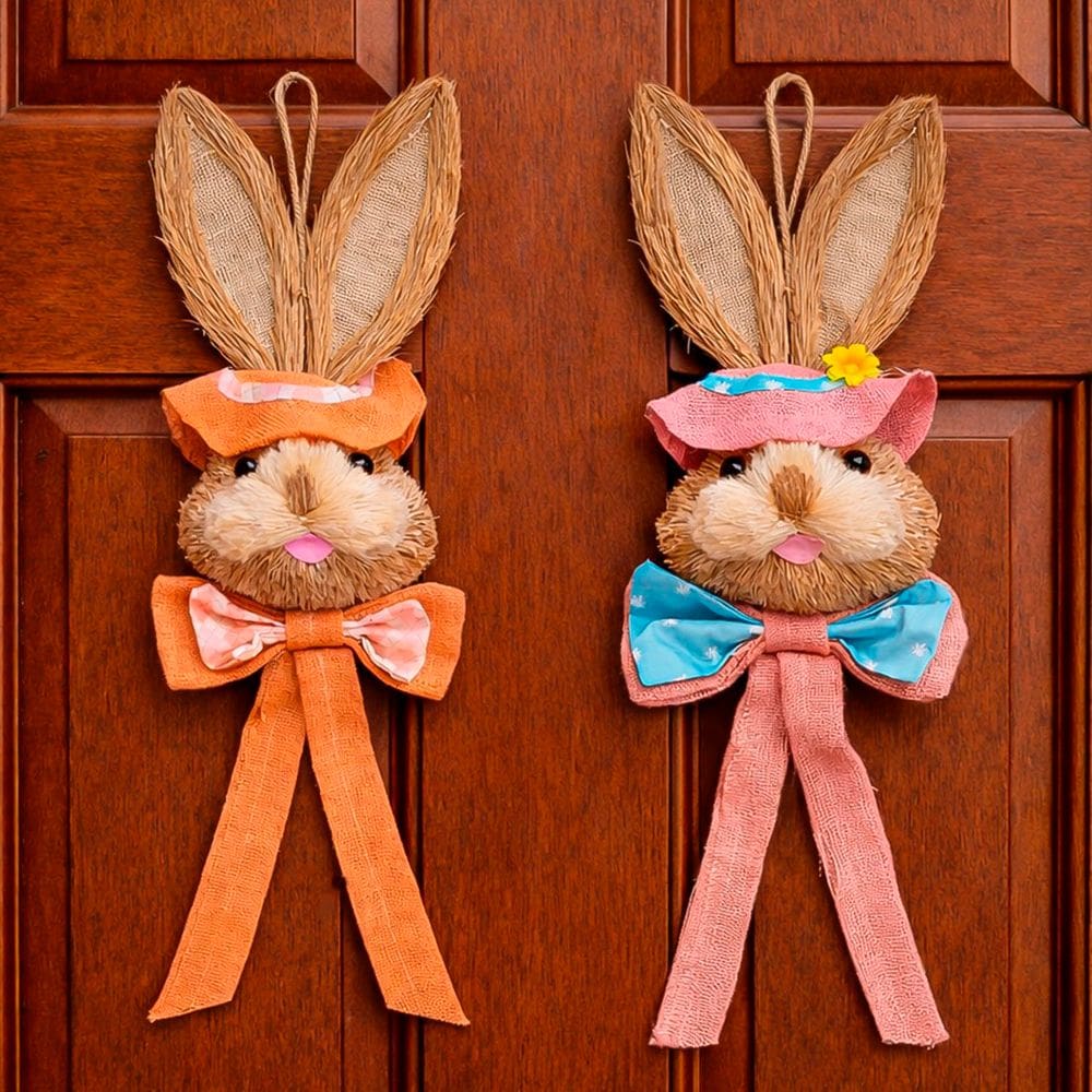 Casal Pendente Cabeça Coelho Decoração De Páscoa Palha 65cm